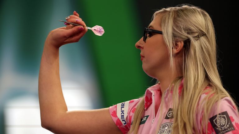 Fallon Sherrock in action during their first round match against Ryan Meikle on day three of the Paddy Power World Darts Championship