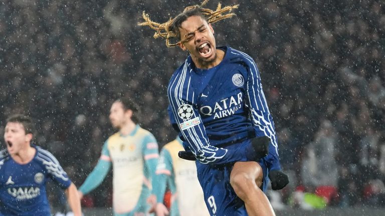 PSG's Bradley Barcola celebrates after scoring his side's second goal against Manchester City