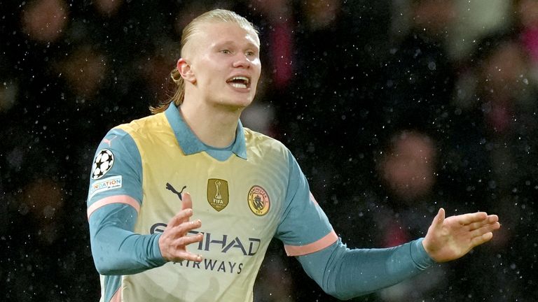 Manchester City's Erling Haaland celebrates after scoring his second goal against Paris Saint-Germain