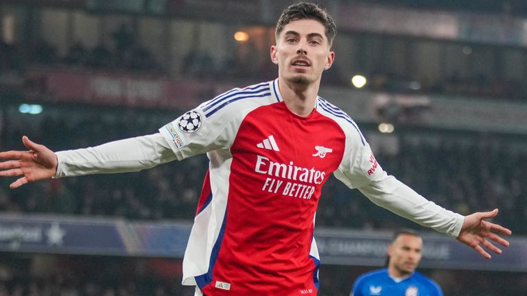 Arsenal's Kai Havertz celebrates after scoring his side's second goal against Dinamo Zagreb 