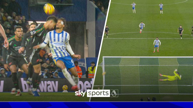 Joao Pedro converts an unusal penalty call after both the Brighton striker and Arsenal's Saliba collide head first in the box.