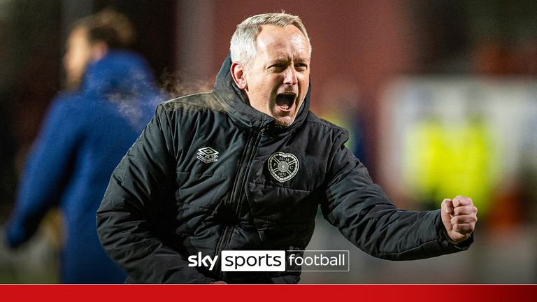 DUNDEE, SCOTLAND - JANUARY 05: Hearts head coach Neil Critchley celebrates at full time during a William Hill Premiership match between Dundee United and Heart of Midlothian at The CalForth Construction Arena at Tannadice Park, on January 05, 2025, in Dundee, Scotland. (Photo by Paul Devlin / SNS Group)