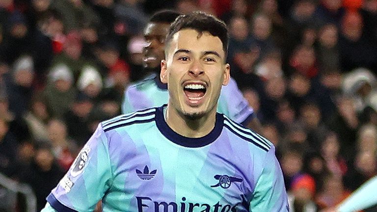 Gabriel Martinelli celebrates scoring Arsenal's third goal against Brentford