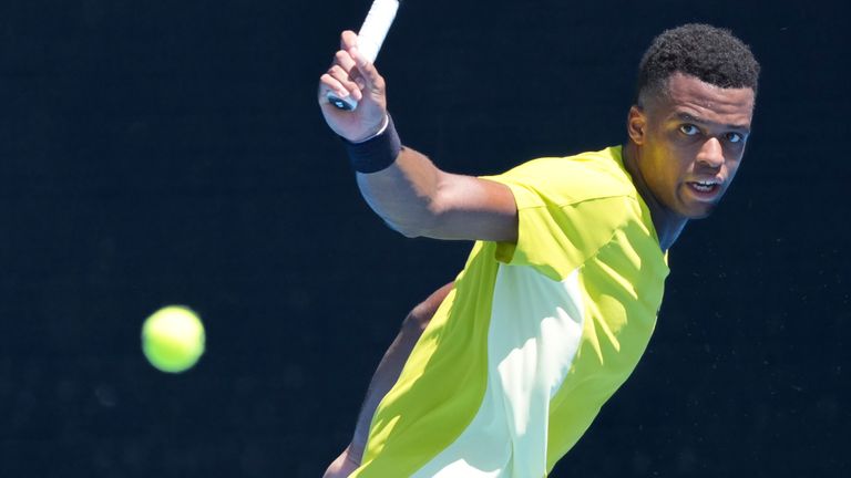 GIOVANNI MPETSHI PERRICARD of France in action against GAEL MONFILS of France on Court 3 in a Men's Singles 1st round match on day 3 of the 2025 Australian Open in Melbourne, Australia. Sydney Low/Cal Sport Media(Credit Image: © Sydney Low/Cal Sport Media) (Cal Sport Media via AP Images)