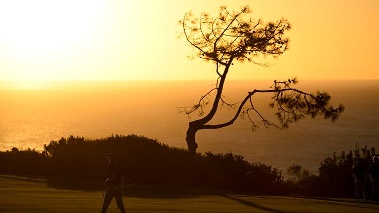 Ludvig Aberg runs in the fifteenth hole of the southern tournament in Torrey Pines during the second round of the Varmers Insurance Open Golf Open on Thursday, January 23, 2025, in San Diego. (AP Photo/Denis Poroy)