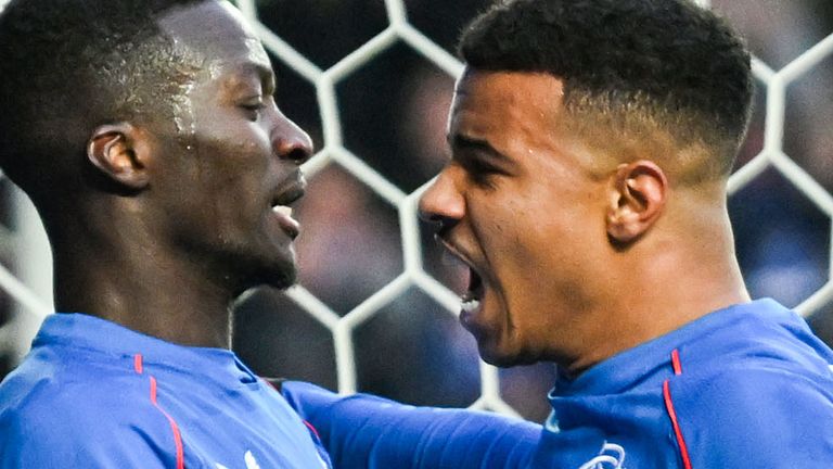 GLASGOW, SCOTLAND - JANUARY 12: Rangers during the William Hill Premier League match between Rangers and St Johnstone at Ibrox Stadium on January 12, 2025 in Glasgow, Scotland The team's Hamza Igamand (Mohamed Diomande) scored to make the score 1-0, and then celebrated with Mohamed Diomande (Mohamed Diomande). (Photo: Rob Casey/SNS Group)