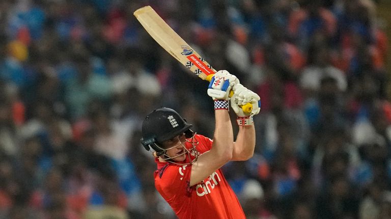 England's Harry Brook plays a shot during the fourth T20 cricket match between England and India in Pune, India, Friday, Jan. 31, 2025. (AP Photo/Rafiq Maqbool)