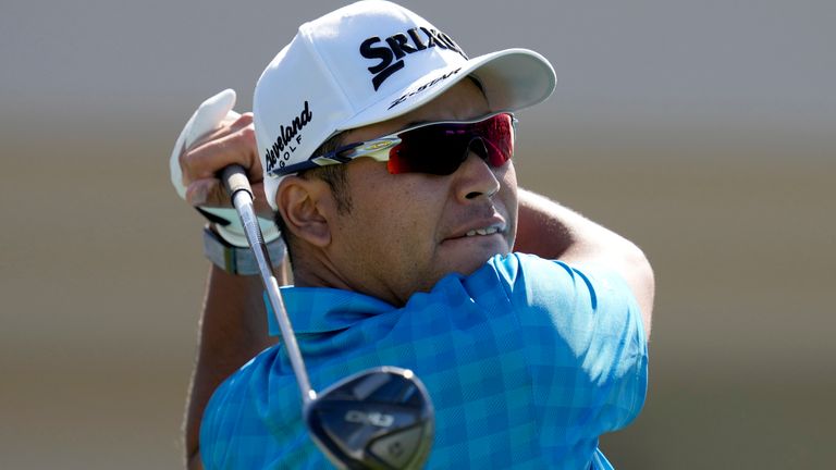 Hideki Matsuyama, of Japan, hits from the first tee during the first round of The Sentry golf event, Thursday, Jan. 2, 2025, at Kapalua Plantation Course in Kapalua, Hawaii. (AP Photo/Matt York)