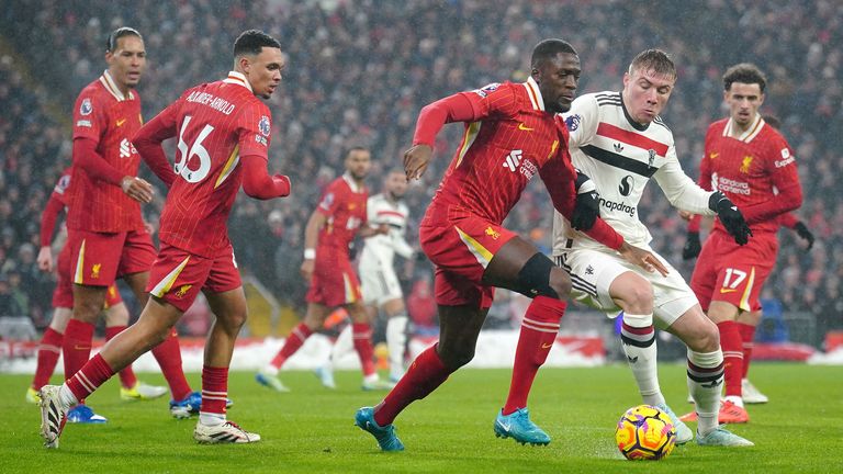 Liverpool's Ibrahima Konate and Manchester United's Rasmus Hojlund battle for the ball 