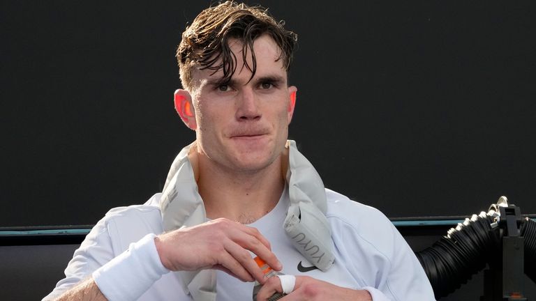 Jack Draper of Britain takes a drink during a break in his first round match against Mariano Navone of Argentina at the Australian Open tennis championship in Melbourne, Australia, Monday, Jan. 13, 2025. (AP Photo/Manish Swarup)