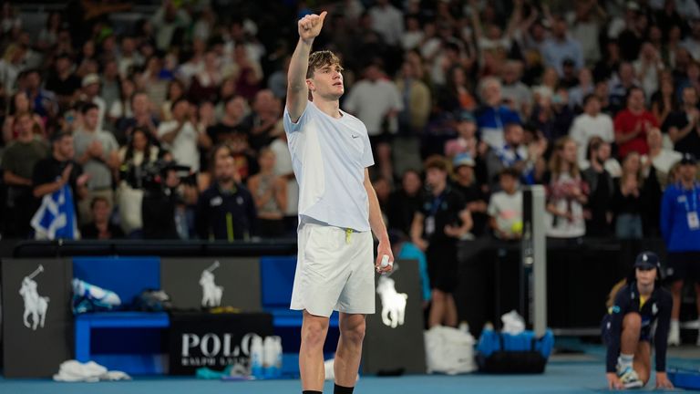 Jack Draper of Britain reacts after defeating Thanasi Kokkinakis of Australia in their second round match at the Australian Open tennis championship in Melbourne, Australia, Wednesday, Jan. 15, 2025. (AP Photo/Asanka Brendon Ratnayake)