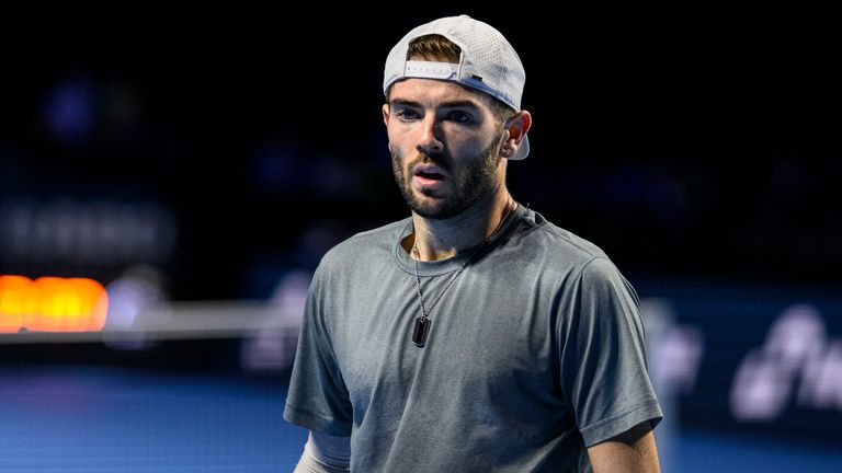 Jacob Fearnley of Great Britain walks in the court during his match against Daniel Altmaier of Germany during the Swiss Indoors Basel - Previews at St. Jakobshalle on October 20, 2024 in Basel, Switzerland. (Photo by Marcio Machado/Eurasia Sport Images/Getty Images)