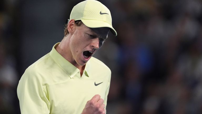 Jannik Sinner of Italy reacts during his semifinal match against Ben Shelton of the U.S. at the Australian Open tennis championship in Melbourne, Australia, Friday, Jan. 24, 2025. (AP Photo/Ng Han Guan)