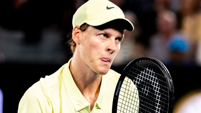 MELBOURNE, VIC - JANUARY 26: Jannik Sinner of Italy in action during the Men's Singles Final of the 2025 Australian Open on January 26 2025, at Melbourne Park in Melbourne, Australia. (Photo by Jason Heidrich/Icon Sportswire) (Icon Sportswire via AP Images)