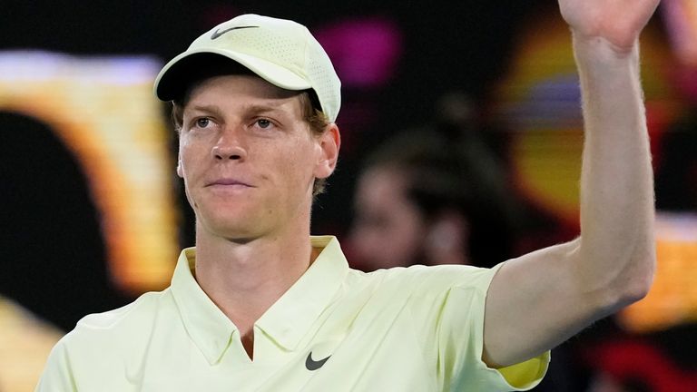 Jannik Sinner of Italy waves after defeating Tristan Schoolkate of Australia in their second round match at the Australian Open tennis championship in Melbourne, Australia, Thursday, Jan. 16, 2025. (AP Photo/Asanka Brendon Ratnayake)