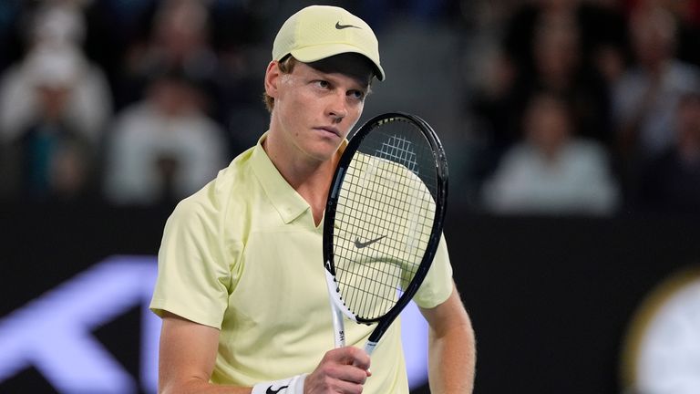 Italy's Jannik Sinner plays against Australia's Alex de Minaur during the quarterfinal match of the Australian Open tennis tournament in Melbourne, Australia, Wednesday, January 22, 2025 ) reaction. (AP Photo/Asanka Brendon Ratnayake)