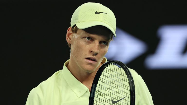 Jannik Sinner of Italy celebrates a point against Alex de Minaur of Australia in the Men's Singles Quarterfinal during day 11 of the 2025 Australian Open at Melbourne Park on January 22, 2025 in Melbourne, Australia. (Photo by Cameron Spencer/Getty Images)