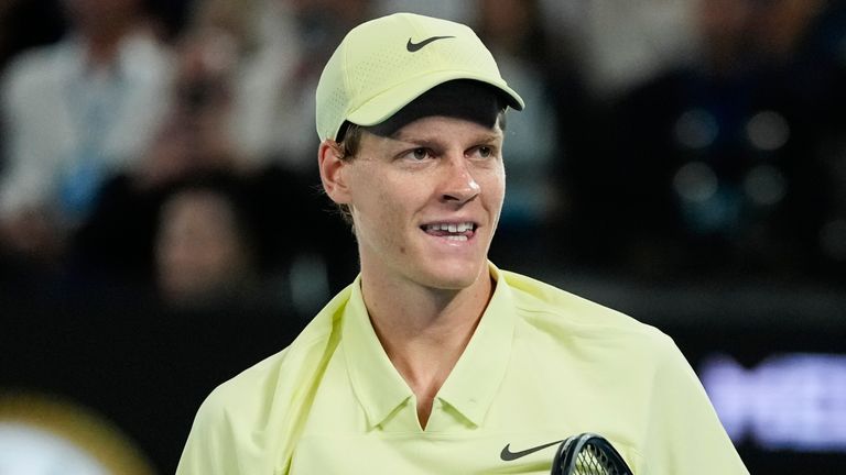 Jannik Sinner of Italy celebrates after defeating Ben Shelton of the U.S. in their semifinal match at the Australian Open tennis championship in Melbourne, Australia, Friday, Jan. 24, 2025. (AP Photo/Ng Han Guan)