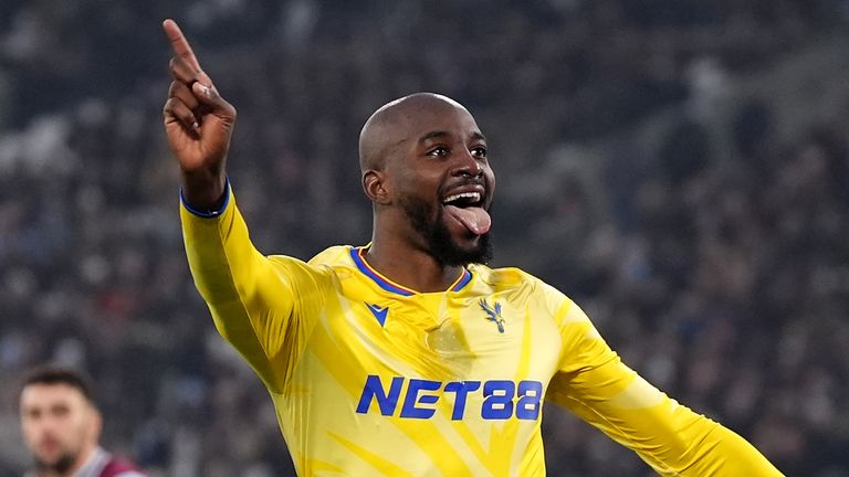 Crystal Palace's Jean-Philippe Mateta celebrates scoring the opening goal of the game