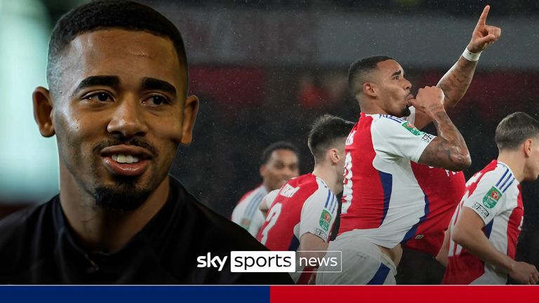 Arsenal's Gabriel Jesus, center, celebrates after scoring his side's first goal during the English League Cup quarterfinal soccer match between Arsenal and Crystal Palace at Emirates stadium, in London, Wednesday, Dec. 18, 2024. 