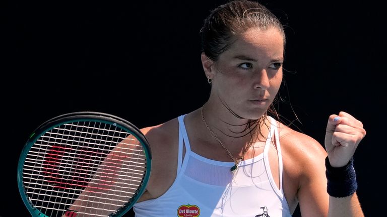 Jodie Burrage of Britain reacts after winning a point against Leolia Jeanjean of France during their first round match at the Australian Open tennis championship in Melbourne, Australia, Monday, Jan. 13, 2025. (AP Photo/Manish Swarup)