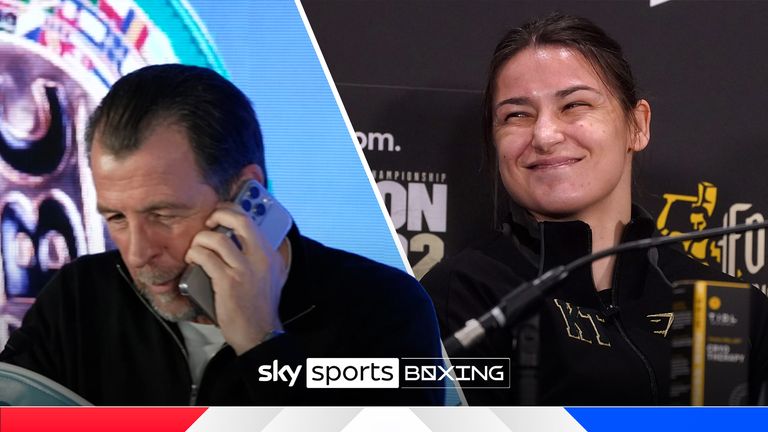 Natasha Jonas&#39; trainer Joe Gallagher trolls Katie Taylor as his phone rings during his fighter&#39;s presser conference ahead of her battle against Lauren Price. 