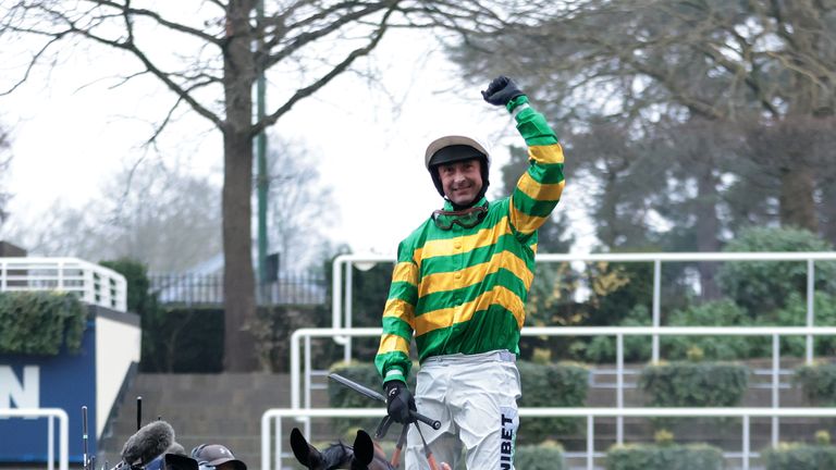 Nico de Boinville celebrates aboard Jonbon after victory in the Clarence House Chase