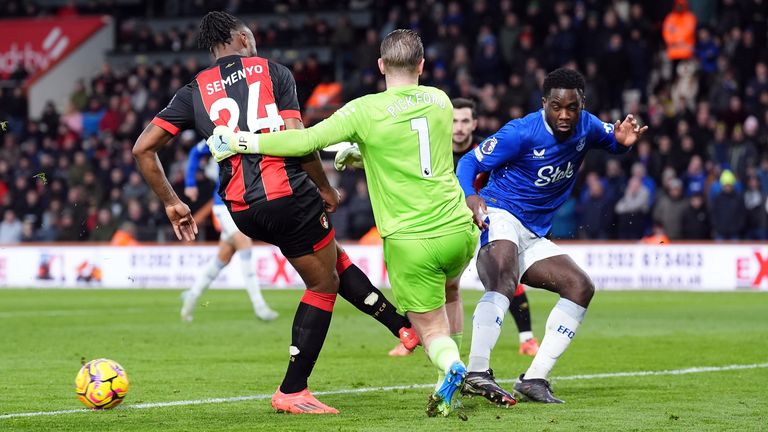 Antoine Semenyo's shot is blocked by Jordan Pickford