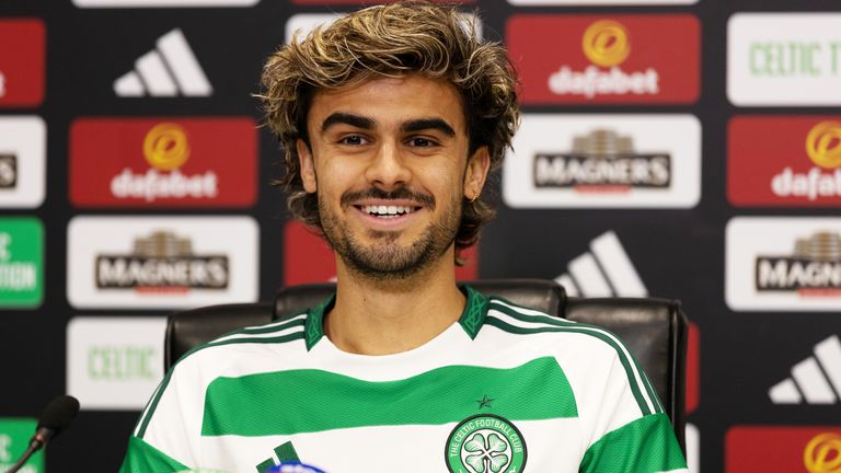 Glasgow, Scotland - January 27: The new signature of Celtic Jota is revealed in the media during a Celtic Park press conference on January 27, 2025 in Glasgow, Scotland. (Photo by Craig Williamson / SNS Group)