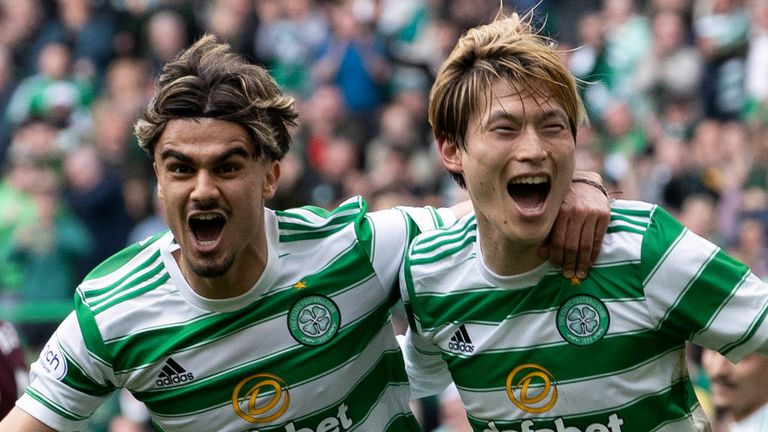 Glasgow, Scotland - May 07: The Celtic Kyogo Furuhashi (R), which makes it 2-1 with Jota during a Cinch Premiership match between Celtic and Hearts in Celtic Park, on May 07 2022, in Glasgow of Scotland. (Photo by Alan Harvey / SNS team)