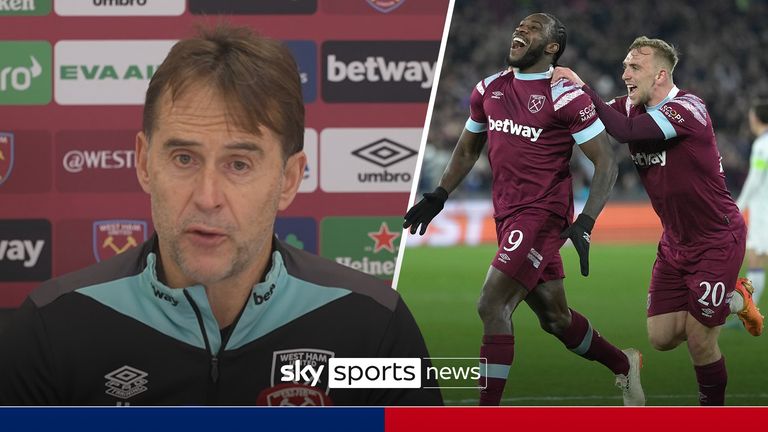 West Ham's Michail Antonio, left, celebrates with West Ham's Jarrod Bowen after scoring his side's fourth goal during the Conference League soccer match between West Ham and Gent at the London stadium in London, England, Thursday, April 20, 2023. (AP Photo/Kin Cheung)