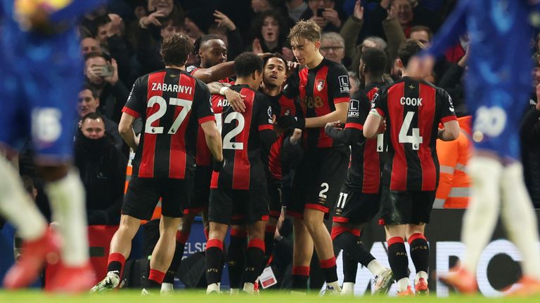 Bournemouth's Justin Kluivert celebrates with his team-mates after scoring their equaliser (AP Photo/Ian Walton)