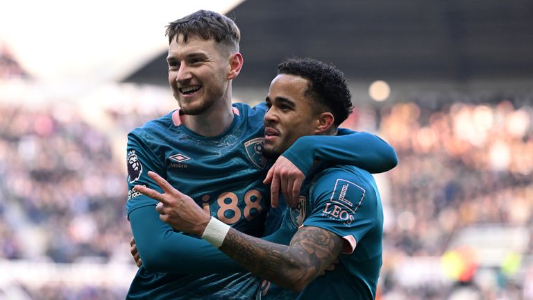 Justin Kluivert celebrates his, and Bournemouth's second goal with team-mate David Brooks