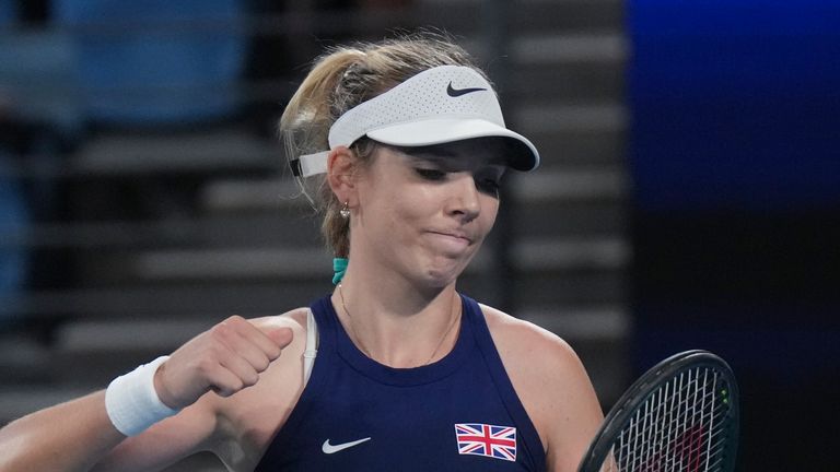 Britain's Katie Boulter reacts during her quaterfinal match against Poland's Iga Swiatek at the United Cup tennis tournament in Sydney, Australia, Thursday, Jan. 2, 2025. (AP Photo/Mark Baker)