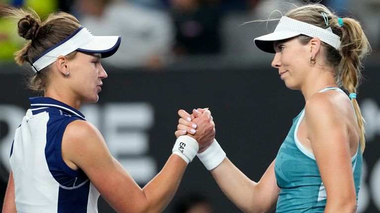 Katie Boulter congratulates Veronika Kudermetova following their second round match at the Australian Open (AP Photo/Manish Swarup)