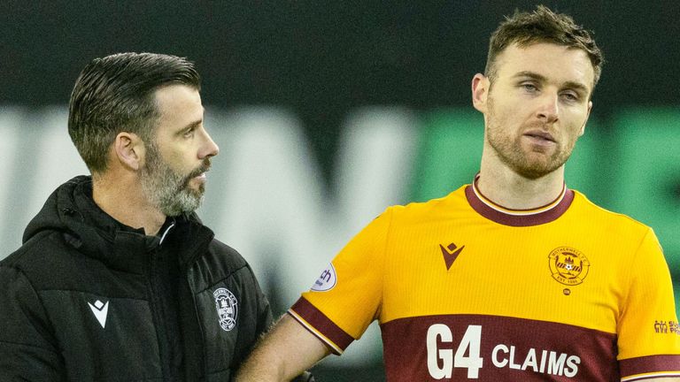 EDINBURGH, SCOTLAND - JANUARY 02: Motherwell manager Stuart Kettlewell and Stephen O&#39;Donnell at full time during a cinch Premiership match between Hibernian and Motherwell at Easter Road, on January 02, 2024, in Edinburgh, Scotland. (Photo by Mark Scates / SNS Group)