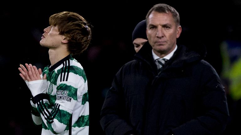 Glasgow, Scotland - December 06: Celtic's Kyogo Furuhashi is preparing to come during a Cinch Premiership match between Celtic and Hibernian at Celtic Park, December 06, 2023 in Glasgow, Scotland. (Photo by Craig Williamson / SNS Group)