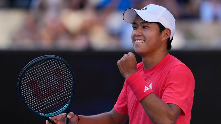 Learner Tien of the United States celebrates after defeating Corentin Moutet of France in a third-round match at the Australian Open tennis tournament in Melbourne, Australia, Saturday, January 18, 2025. (AP Photo/Vincent Thien)