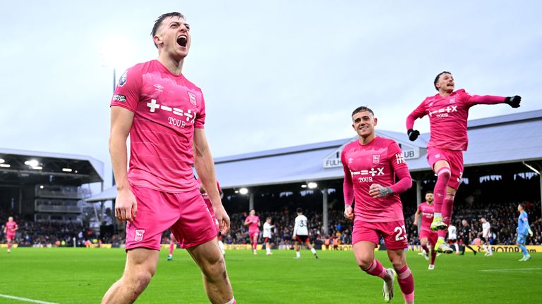 Liam Delap of Ipswich Town celebrates after restoring their lead at Craven Cottage