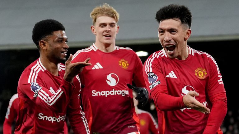 Manchester United player Lisandro Martinez celebrates his goal against Fulham