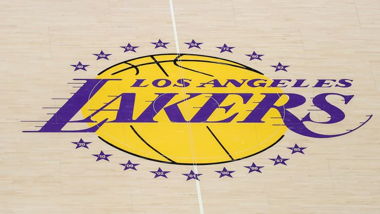 LOS ANGELES, CA - MAY 08: Los Angeles Lakers upper court view of the logo during game 4 of the NBA Western Conference Semifinals between the Golden State Warriors and the Los Angeles Lakers on May 08, 2023, at Crypto.com Arena in Los Angeles, CA. (Photo by Jevone Moore/Icon Sportswire) (Icon Sportswire via AP Images)