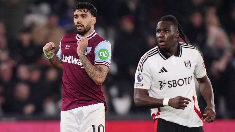 West Ham's Lucas Paqueta scores their team's third goal of the game