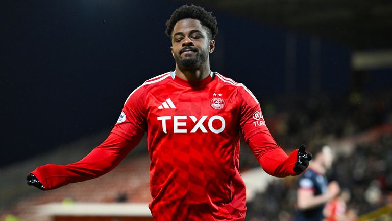 ABERDEEN, SCOTLAND - JANUARY 02: Aberdeen's Luis Lopes reacts as his shot hits the post during a William Hill Premiership match between Aberdeen and Ross County at Pittodrie, on January 02, 2025, in Aberdeen, Scotland.  (Photo by Rob Casey / SNS Group)