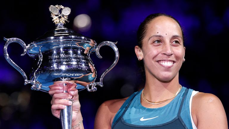 USA's Madison Keys celebrates with the Daphne Akhurst Memorial Cup after defeating Belarus' Aryna Sabalenka during their women's singles final match on day fourteen of the Australian Open tennis tournament in Melbourne on January 25, 2025. (Photo by Martin KEEP / AFP) / -- IMAGE RESTRICTED TO EDITORIAL USE - STRICTLY NO COMMERCIAL USE -- (Photo by MARTIN KEEP/AFP via Getty Images)