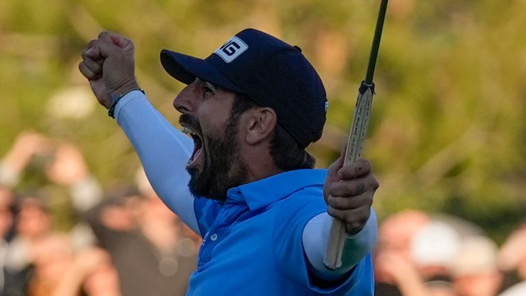 Mateo Pavone celebrates on the 18th green of the South Course at Torrey Pines after winning the Farmers Insurance Open golf tournament, Saturday, Jan. 27, 2024, in San Diego. (AP Photo/Gregory Paul)