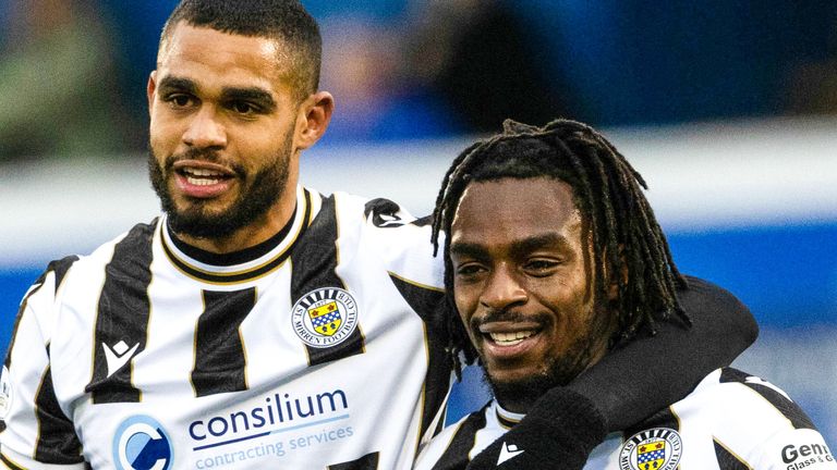 DUMFRIES, SCOTLAND - JANUARY 18: St. Mirren's Toyosi Olusanya (R) celebrates with Mikael Mandron after Olusanya scored to make it 2-0 during a Scottish Gas Men's Scottish Cup Fourth Round match between Queen of the South and St Mirren at Palmerston Park, on January 18, 2025, in Dumfries, Scotland. (Photo by Alan Harvey / SNS Group)