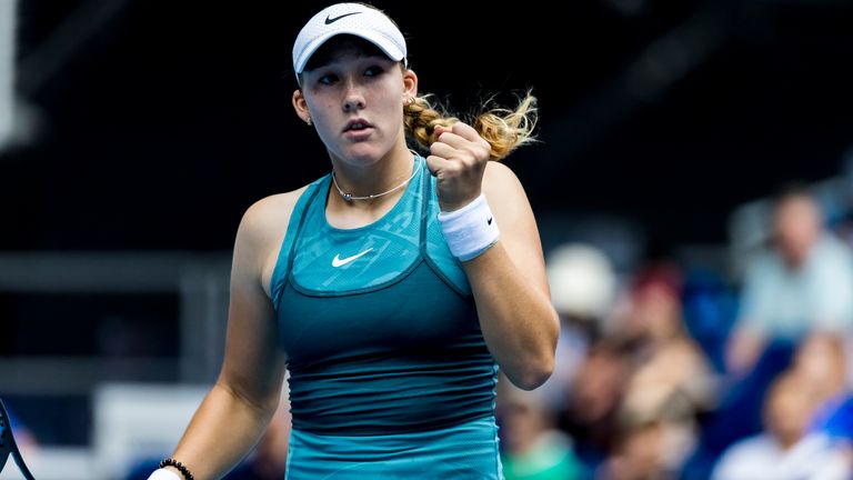 MELBOURNE, VIC - JANUARY 12: Mira Andreeva of Russia celebrates during the first round of the 2025 Australian Open on January 12, 2025, at Melbourne Park in Melbourne, Australia. (Photo by Jason Heydrich/Icon Sportswire) (Icon Sportswire via AP Images)