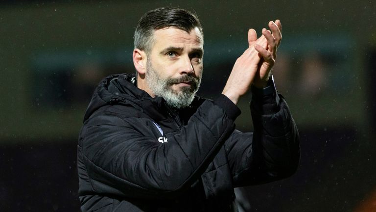 MOTHERWELL, SCOTLAND - JANUARY 05: Motherwell Manager Stuart Kettlewell applauds fans at full time during a William Hill Premiership match between Motherwell and Aberdeen at Fir Park, on January 05, 2025, in Motherwell, Scotland. (Photo by Craig Foy / SNS Group)