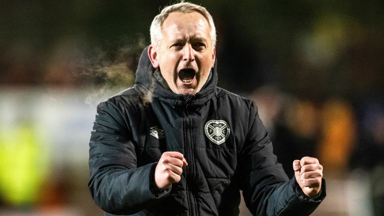 DUNDEE, SCOTLAND - JANUARY 05: Hearts head coach Neil Critchley celebrates at full time during a William Hill Premiership match between Dundee United and Heart of Midlothian at The CalForth Construction Arena at Tannadice Park, on January 05, 2025, in Dundee, Scotland. (Photo by Paul Devlin / SNS Group)