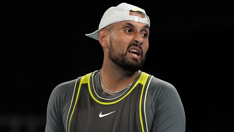 Nick Kyrgios of Australia reacts during his first round match against Jacob Fearnley of Britain at the Australian Open tennis championship in Melbourne, Australia, Monday, Jan. 13, 2025. (AP Photo/Ng Han Guan)